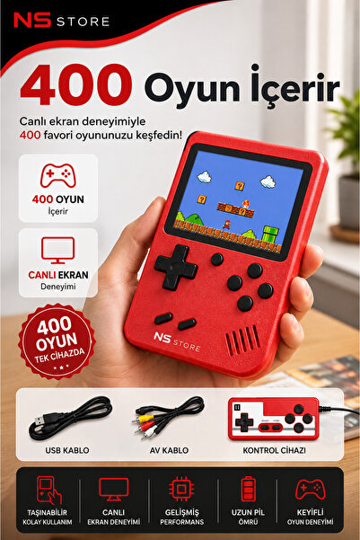 NS Store 400 Retro Oyunlu Mini Atari Konsolu, Taşınabilir Şarj Edilebilir Kla...