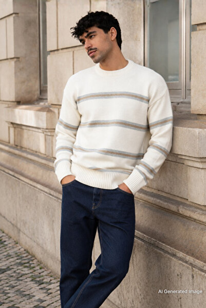 Madmext Bone Color Striped Knitwear Men's Sweater E7457