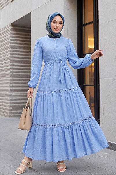 Modamorfo Ruffled Skirt Dress with Lace Ribbon Detail -Blue