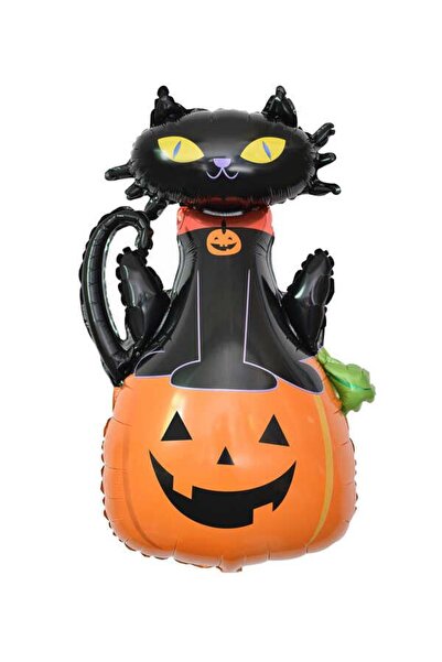 Patladı Gitti Kedili Bal Kabağı Büyük Boy 70x100 Cm Folyo Balon Halloween Cad...