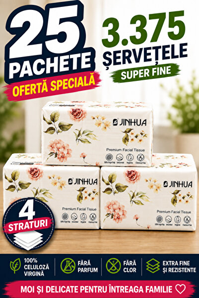 Jinhua Set 25 Pachete Șervețele Faciale Premium, 3375 Bucăți, 4 Straturi, 100...