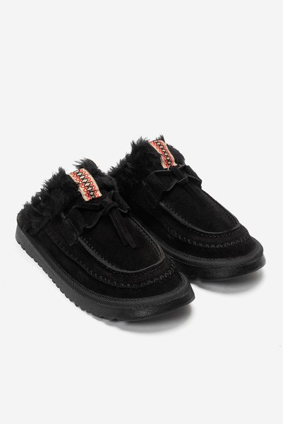 babiva Genuine Suede Leather Fur Lacing Detailed Black Women's Loafer Slippers Linnea