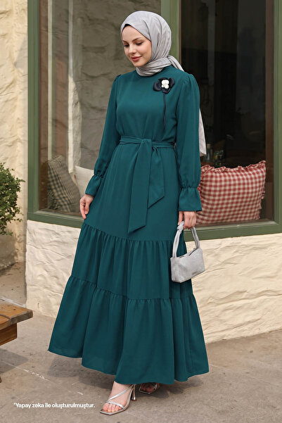 InStyle Flower Brooch Detail Belted Emerald Green Dress