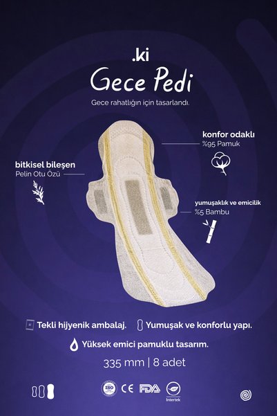 ki Premium Gece Hijyenik Ped 335 mm - 8'li %95 Pamuk %5 Bambu