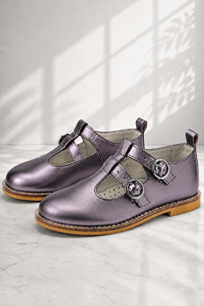 Rakerplus Genuine Leather Shiny Platinum Buckle Girls' T-Bar Ballerina Shoes