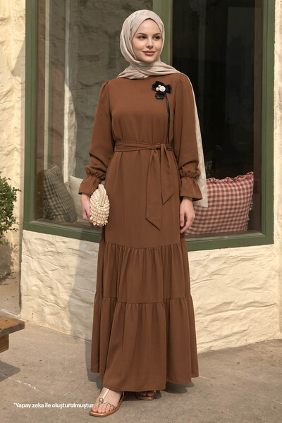 InStyle Brown Dress with Flower Brooch Detail Belt
