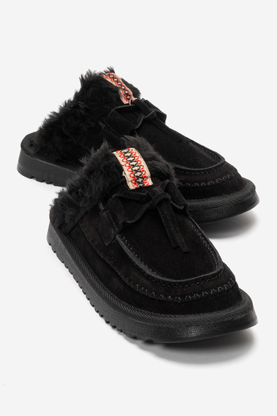 babiva Genuine Suede Leather Black Women's Moccasin Slippers with Fur Lacing ...