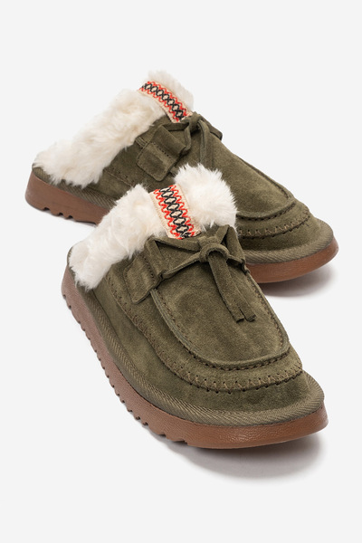 babiva Genuine Suede Leather Fur Lacing Detailed Khaki Women's Moccasin Slippers