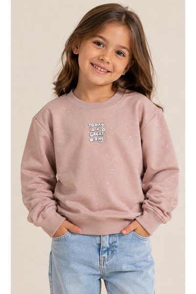 İrem Çocuk Giyim Girl's Today Written Self-Glittering Dark Powder Color Sweat...