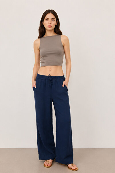 DIANNA Women's Elastic Waist Wide Leg Muslin Trousers %100 Cotton Wide Wide-L...