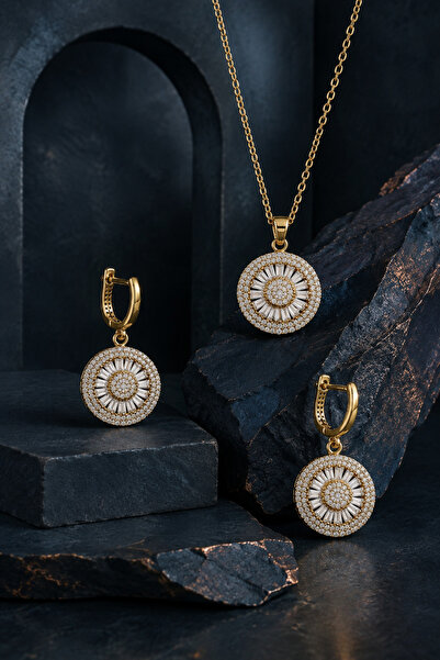 Shinestar atelier Güneş Işıltısı Baget Zirkon Taşlı Gold Renk Kadın Takı Seti...