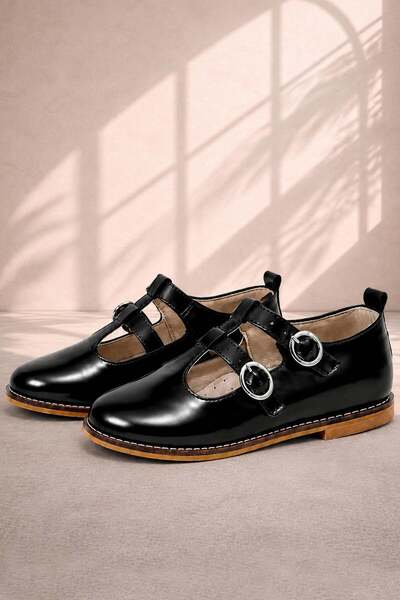 Rakerplus Genuine Leather Black Patent Leather Buckle Girls' T-Bar Ballerina ...