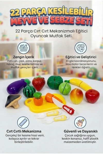 Tıfıl Toys Farbu Oyuncak Montessori Kesilebilir Meyve ve Sebzeler! 22 Parça C...