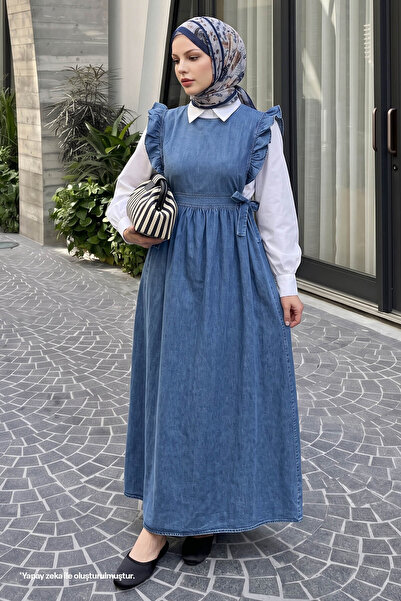 InStyle Frida Omuzu Fırfırlı Kot Jile Elbise - Mavi