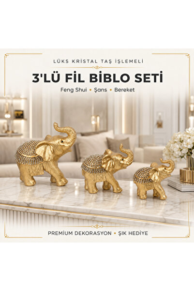 e-life shop Lüks Kristal Taş İşlemeli 3’lü Fil Heykeli Feng Shui Şans Para Ge...