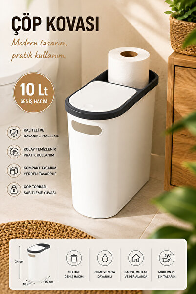 Porsima M-325 Çöp Kutusu Banyo Mutfak Çöp Kovası Kapaklı Banyo Çöp Kovası 10 Lt