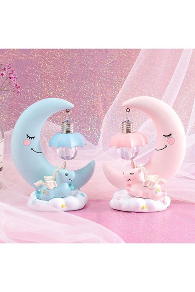 hediyesahibi Dekoratif Ay Dede Ve Minik Unicorn Temalı Masa Lambası Ve Biblo-Karışık