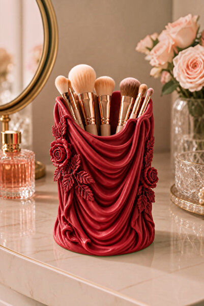 Belupa Rose Motif Draped Makeup Brush Holder Organizer Pen Holder Lipstick Ho...