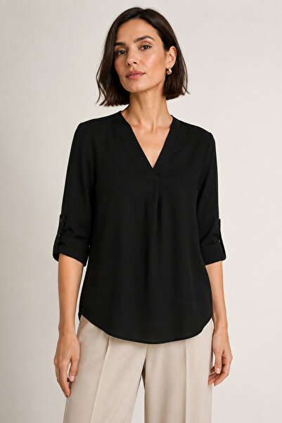 Nuevo Women's Black V-Neck Blouse – Comfortable Fit, Stylish Blouse with Fold...