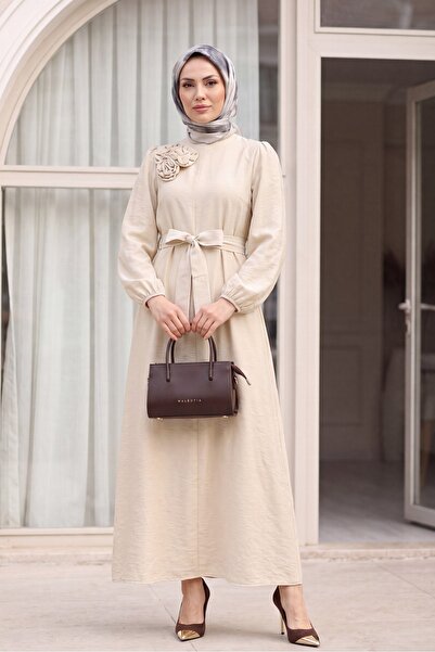 Modamorfo Brooch Detailed Belted Lined Balloon Sleeve Tulle Voile Dress -Beige
