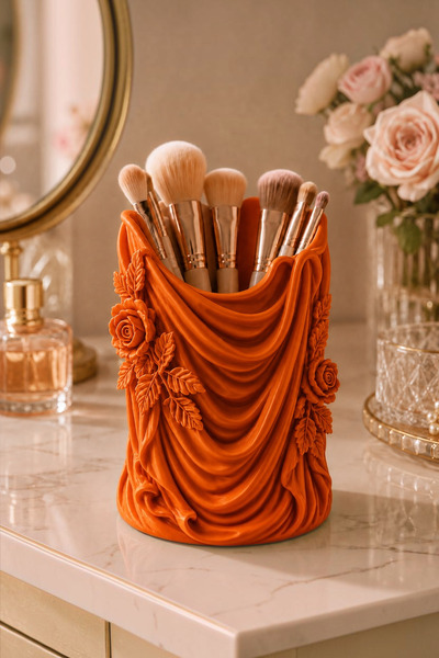 Belupa Rose Motif Draped Makeup Brush Holder Organizer Pen Holder Lipstick Ho...