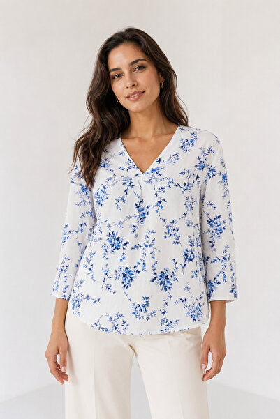 Nuevo Women's White Blue Floral Patterned V-Neck Blouse – Comfortable Fit Sty...