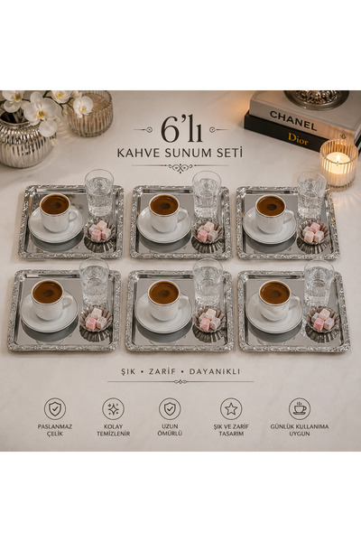 SUNVERA ÇELİK 6'lı Paslanmaz Çelik Kendınden Desenli Kare Sunum Tepsisi Seti ...