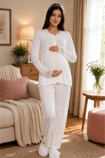 ByLohusa Breastfeeding Feature Cotton Maternity Pajama Set with Elastic Waist...