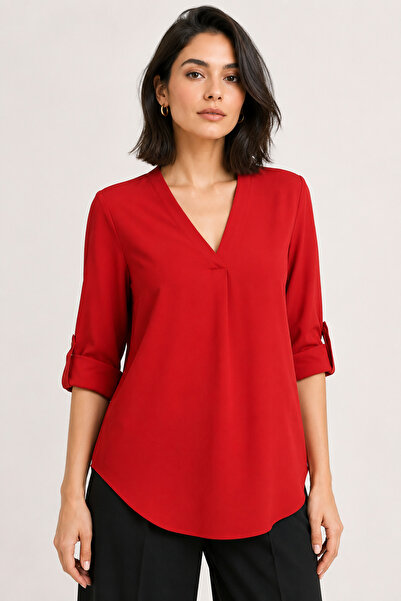 Nuevo Women's Burgundy V-Neck Blouse – Comfortable Fit, Stylish Blouse with F...