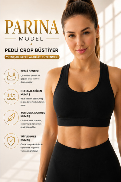 MİSTİRİK Parina Model Sports Bra - Thick Strap, Seamless, Crop, Black Color