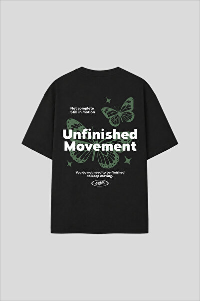 Unisex Oversize Unfinished Movement Pamuklu Tasarım Baskılı Siyah Tişört