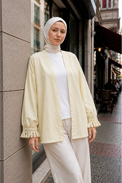bellura Kolları Püsküllü Kemerli Keten Kimono