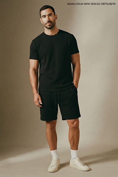 Maccali Men's Trend Cotton Waffle Fabric Black T-Shirt