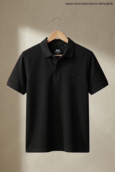 Maccali Men's Imported Textured Premium Fabric Basic Black Polo Collar T-Shirt