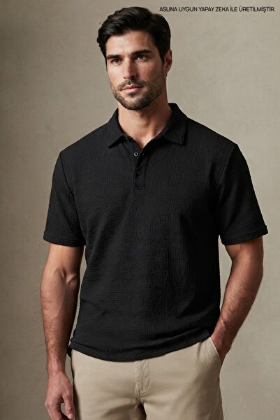 Maccali Men's Casual Textured Short Sleeve Black Polo Collar T-Shirt