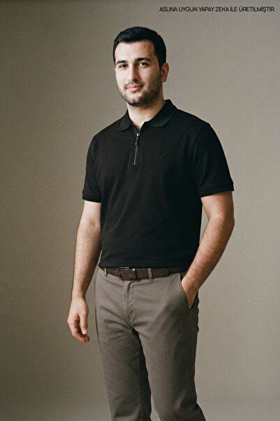 Maccali Men's Textured Premium Fabric Loose Black Polo Neck T-Shirt