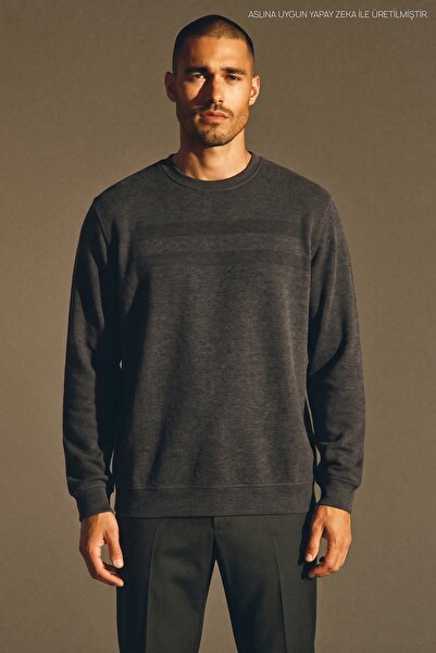 Maccali Men's Large Size Patterned Oversized Winter Anthracite Sweatshirt