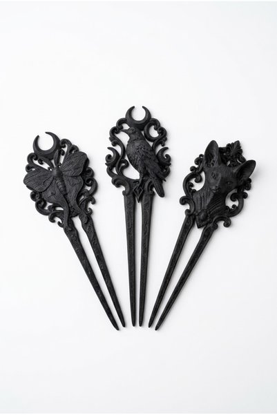 Muffy Stvdio Gothic Hair Clip Set - 3-Piece Black Bun Clips (Moth, Crow, Cat Figured)