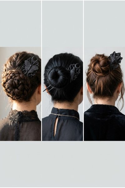 Muffy Stvdio Gothic Hair Clip Set - 3-Piece Black Bun Clips (Moth, Crow, Cat Figured)