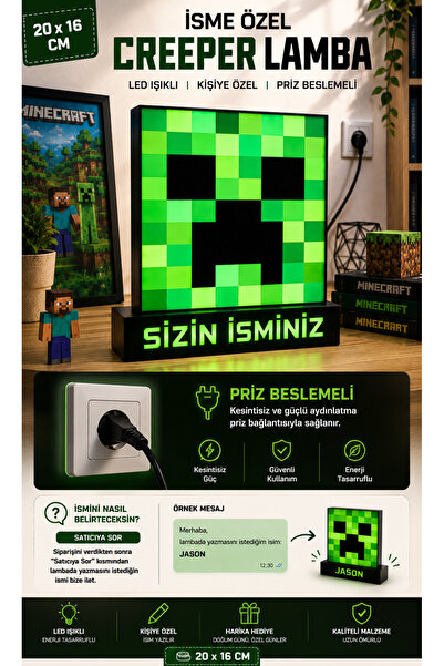 UstaPrint3D Minecraft Creeper İsme Özel LED Lamba – Kişiye Özel Dekoratif Gec...