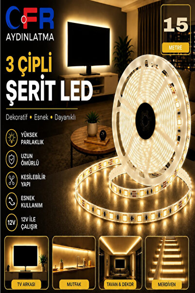 CFR LED AYDINLATMA 3 Çipli Iç Mekan 12V Şerit Led Beyaz,Günışığı,Amber,Mavi,K...