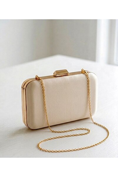 selma demir Saten Ten Rengi Kadın Şık Boy Clutch Davet Çantası