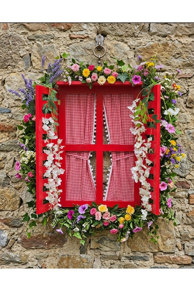 Home Ahşap el boyaması panjurlu pencere,kırmızı,100×75 cm ,balkon bahçe dekor...