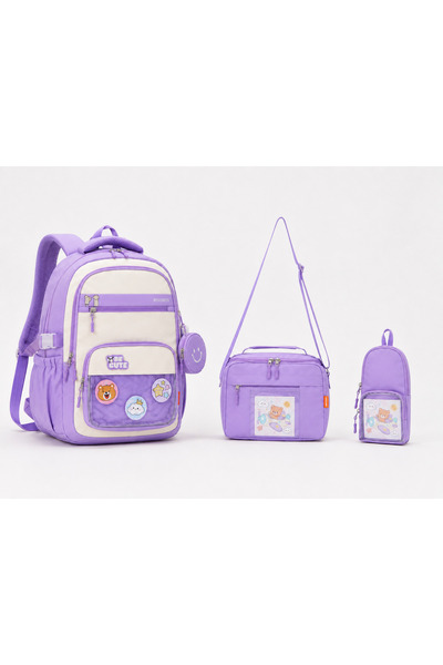 Roxbros Kawaii Kore Tarzı Aksesuarlı 3'lü Set Lila Kız Çocuk Okul Çantası İlk...