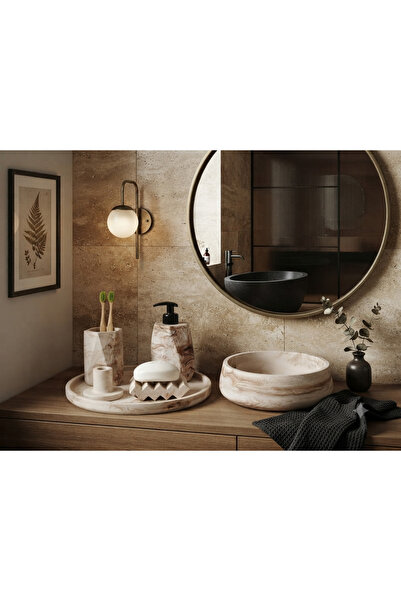 Trust Stone 6'lı Mermer Desen Beton Banyo Seti ,Sıvı Sabunluk Diş Fırçalığı A...