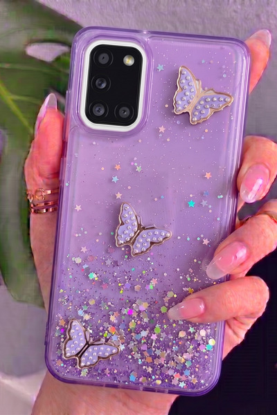 Rivor Samsung Galaxy A51 Uyumlu Kılıf Kamera Çıkıntılı Simli Kelebek Kabartma...