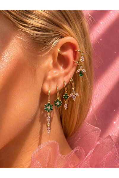 h&b design jewel Gold Yeşil Çiçekli 6 Lı Küpe Seti