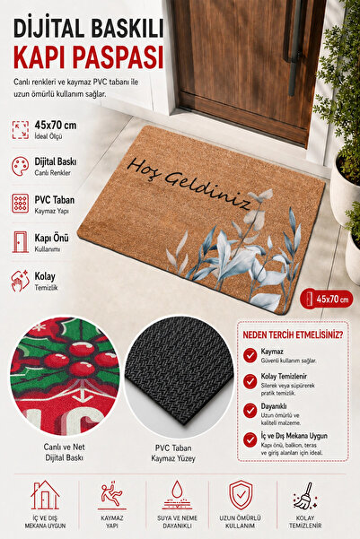 Valerine Life Kapı Önü Paspası 45x70cm Kaymaz Taban Dekoratif iç Dış Mekan Zarif Gri Beyaz Yapraklar