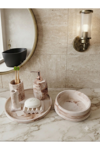 Trust Stone 6'lı Mermer Desen Beton Banyo Seti ,Sıvı Sabunluk Diş Fırçalığı A...