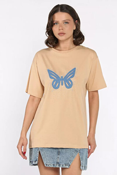 TOZLU Γυναικείο T-shirt με λαιμόκοψη ποδηλάτου και μοτίβο πεταλούδας με πέτρες